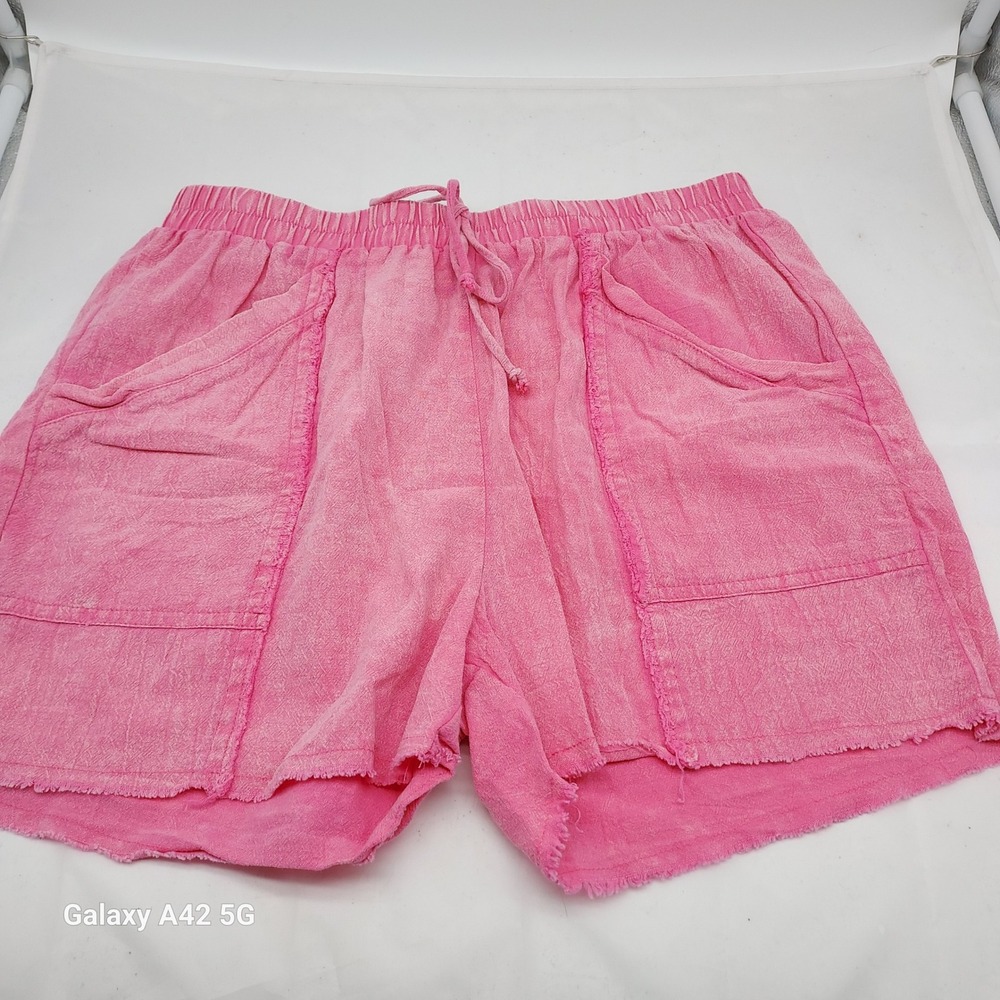 Umgee Pink Mineral Wash Drawstring Shorts Raw Hem Boho M6059 Womens Medium